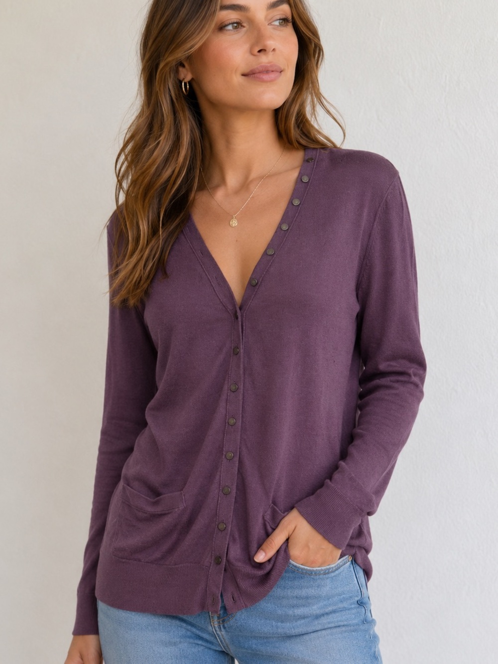 Martin + Osa Silk Wool Blend  Purple V‑Neck Button Cardigan Small